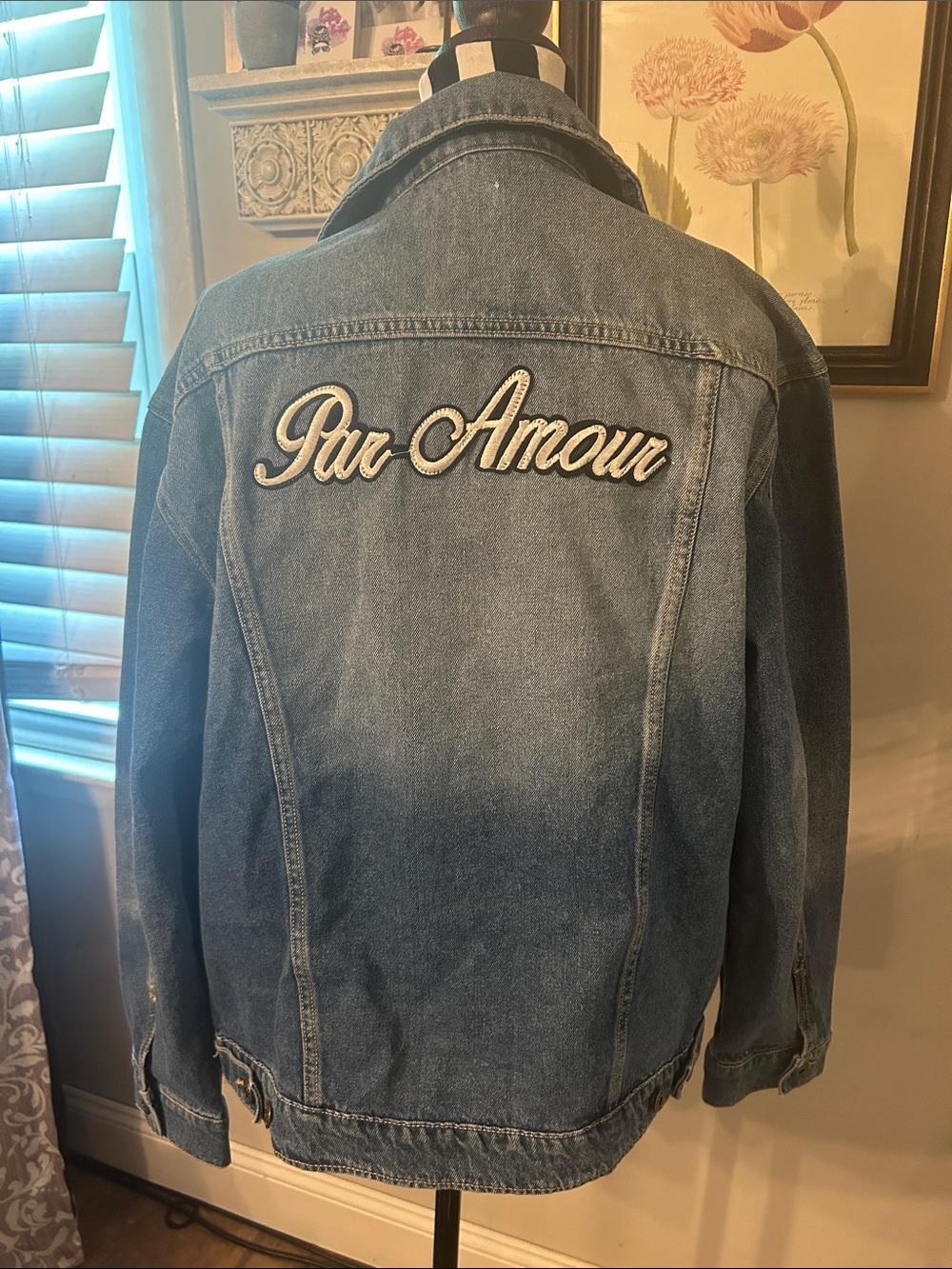 Par Amour Denim Jacket with Floral Embroidery - Blue
